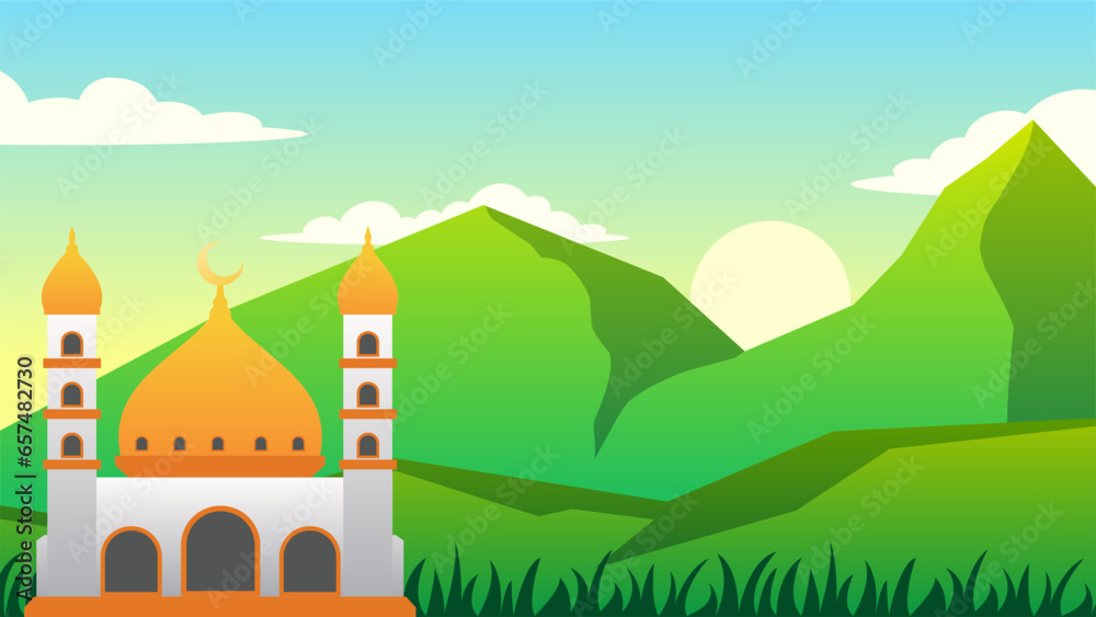 Wall mural mosque landscape vector illustration. mosque and green mountain in the morning for eid mubarak. rama