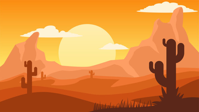 Desert landscape vector illustration in sunset. Butte desert landscape with cactus, ridge and stones. American desert landscape for background, wallpaper or landing page. Wild west land illustration