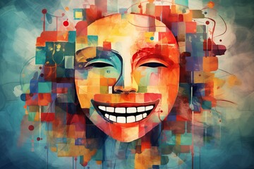 A face depicted in an abstract avant-garde style illustration, conveying the concept of happiness