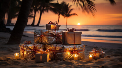 christmas presents in a pyramid by a well lit tree on the beach with surf rolling in, twilight hour 