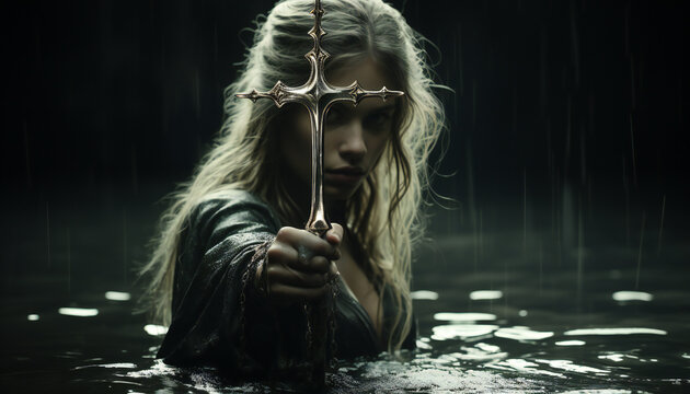 Photographic recreation of Lady of the Lake coming out of the lake with the legendary sword Excalibur. Illustration AI