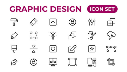 Thin line icons of graphic design. Simple linear icons in a modern style flat, Creative Process. Graphic design, creative package.