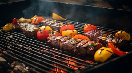 Delicious grilled meat and vegetables on a barbecue grill outdoors in summer
