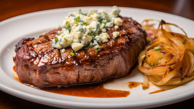 Thick-cut beef steak topped with blue cheese crumbles and caramelized shallots.