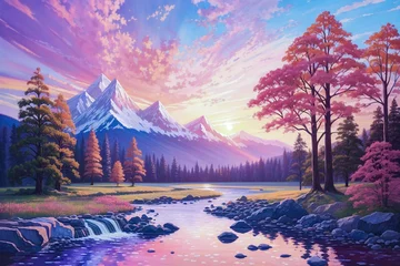 Peel and stick wall murals Light Pink water color of landscape with stream and sunset with colorful sky