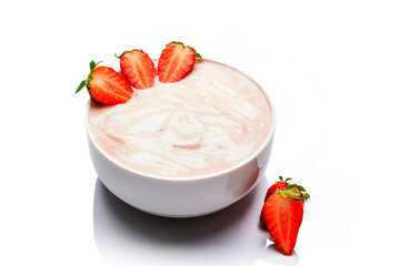 Healthy breakfast of strawberries, fresh Greek yogurt and yogurt cup on white background.