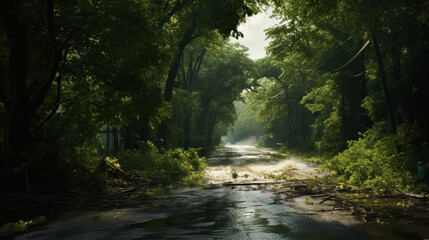 Nature,road covered with rainwater and trees in the sunshine,storm damage - obrazy, fototapety, plakaty
