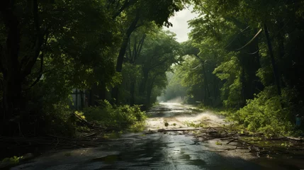 Muurstickers Nature,road covered with rainwater and trees in the sunshine,storm damage © Katewaree