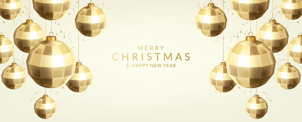 Christmas and New Year greeting card with gold christmas balls, ribbons and confetti.	