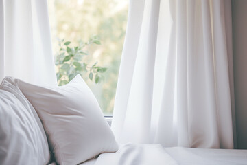 Fototapeta na wymiar Minimal white pillow with nature light from curtian windows.