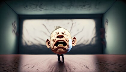 Zombie Man, ugly face and anger expression in empty room, horror situation highly detailed illustration.