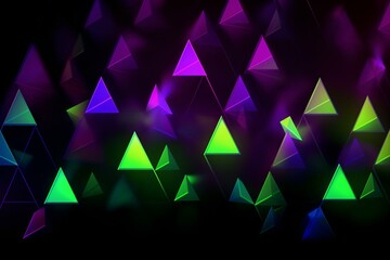 Vibrant neon triangles flicker in purple and green against a dark backdrop. Generative AI