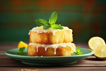 lemon pound cake on plate with mint on wooden table