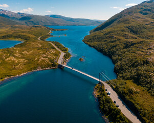 Aerial view of Trangstraumen bridge in Skaland, Senja, Norway