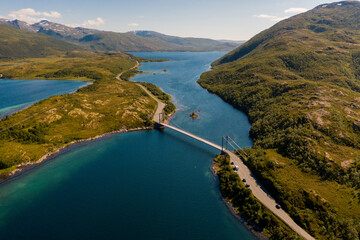 Aerial view of Trangstraumen bridge in Skaland, Senja, Norway