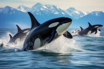 Obraz premium A pod of killer whales is swimming in the ocean with snow-capped mountains in the background.