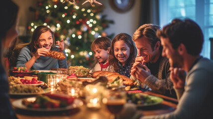 a family gathered around a beautifully decorated table, filled with delicious holiday generative ai