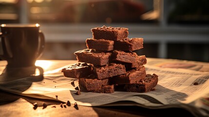 Delicious Brownies with Chocolate Chips on Baking Paper on a Concrete Table - Close-up View
