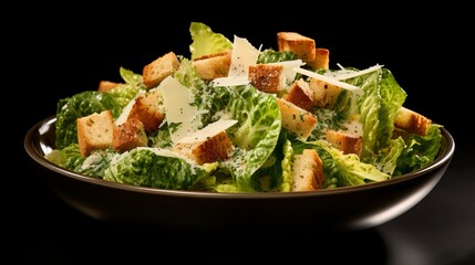 Fresh and Healthy Caesar Salad with Crispy Croutons and Parmesan Cheese on a Black Plate, Top View Isolated on a Dark Background