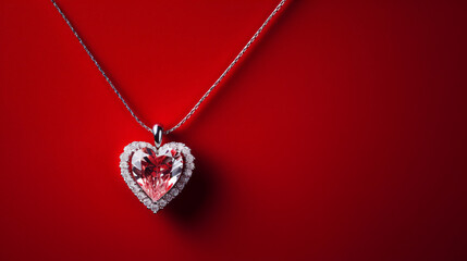 Luxury heart necklace with stylish diamonds on red background - obrazy, fototapety, plakaty