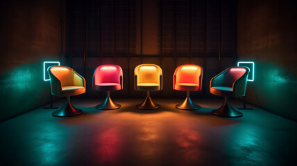 four different colored chairs and some lights, in the style of circular shapes.
