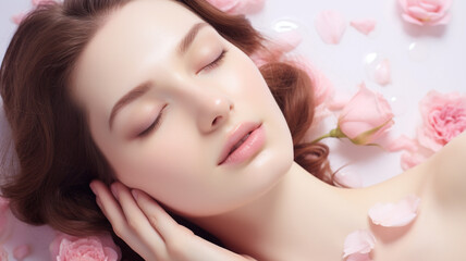 Obraz na płótnie Canvas A beautiful woman is lying among white roses with her eyes closed. cosmetics photo, beauty industry advertising photo.