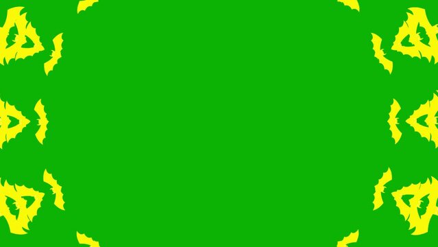 Animated yellow bats fly out from center of screen. Looped video. Concept of Halloween, Black Friday. Flat vector illustration isolated on a green background.