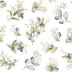 Seamless watercolor pattern with delicate wild berries, leaves, branches. Botanic tile, background. Perfect for wrapping, textile, wallpaper