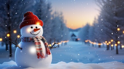 Winter holiday christmas background banner - Closeup of cute funny laughing snowman with wool hat and scarf, on snowy snow snowscape with bokeh lights - obrazy, fototapety, plakaty