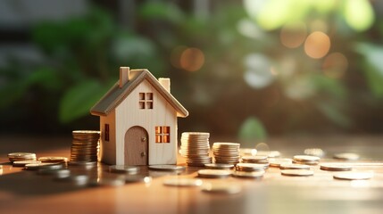Real Estate Investment. Mini house and coins symbolizing smart financial choices
