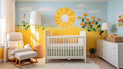 A baby's room with a white crib and a colorful wall