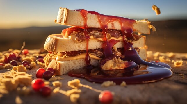 Sliced bread, peanut butter, and jelly on a wooden board: a close-up of a deconstructed sandwich