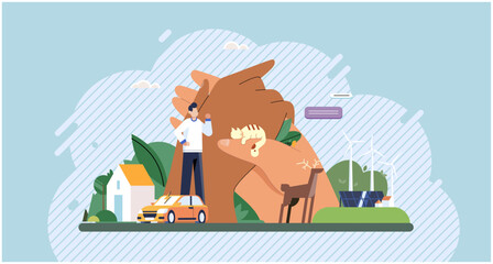 Happy man in nature with plants in garden, cat in huge hands. Person feeling unity with nature, enjoying and contemplating. Wellbeing concept. Clean nature, smart home and energy-saving technologies