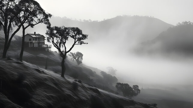 A black and white photo of a foggy hillside
