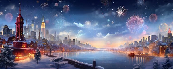 Fototapeta na wymiar Happy new year snowy city with fireworks Generative AI