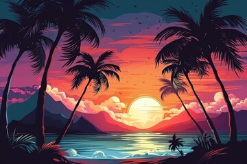 Cartoon flat panoramic landscape, sunset with palm trees. Background in retrofuturism style