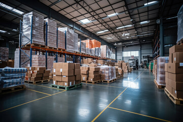 Large retail warehouse with shelves , Warehouse storage in cardboard boxes and packages, Logistics and transportation background