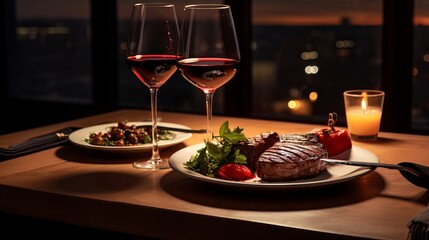 Naklejka premium Romantic dinner for two with grilled steaks, roasted vegetables, and red wine on a wooden table