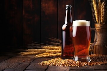 bottle of amber ale beer with barley grains