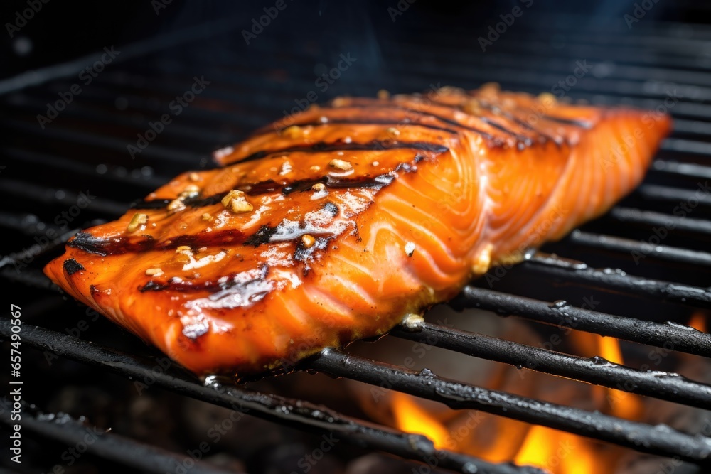 Poster up close, salmon fillet with apple cider glaze sizzling on a bbq grill