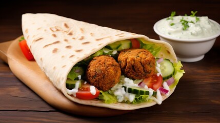 Falafel in Pita: A Delicious and Healthy Middle Eastern Dish with Crispy Falafel Balls, Fresh Vegetables and Creamy Sauce