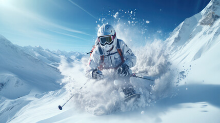 A skier on the top of the mountain. Steep descent against a backdrop of snow-covered peaks, Generative AI