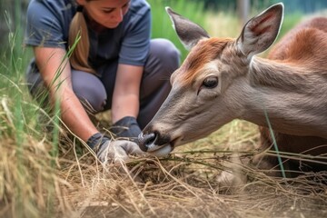 cropped shot of a volunteer helping rehabilitate an injured deer