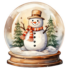 Watercolor Vintage Christmas in Cozy Winter House and Snowman in a Snow Globe Festive Watercolor Clipart for Holiday Decorations, isolated On A White Background