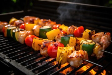 bbq grill with skewers of shrimp and vegetables