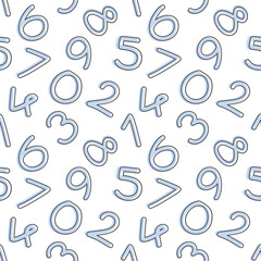 Seamless Pattern. random 0 1 2 3 4 5 6 7 8 9 Numbers on white background. Handwriting light blue color and black outline stroke style. - obrazy, fototapety, plakaty