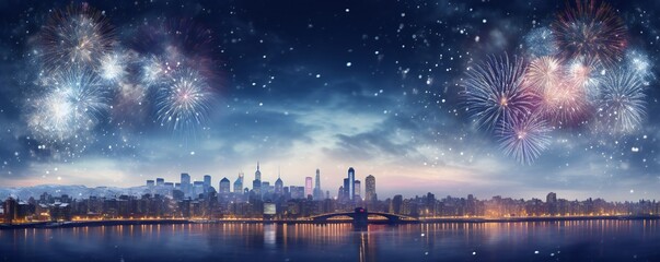 Happy new year snowy city with fireworks Generative AI - obrazy, fototapety, plakaty