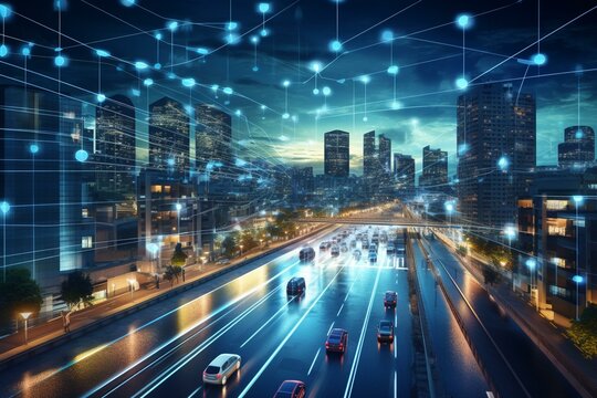 Concept of advanced infrastructure with IoT, smart city features, high-speed connectivity, and intelligent network. Generative AI