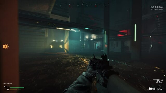 Player defeated by the AI opponents in the first person shooter game. Defeat screen after the mission of a shooter game. Challenge defeat in bomb site defence shooter game. Terrorist. Army Simulator