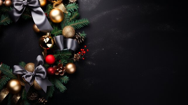 New year and christmas wreaths and gifts on black textured background, unique multicolored silk shakrfs, free space for design